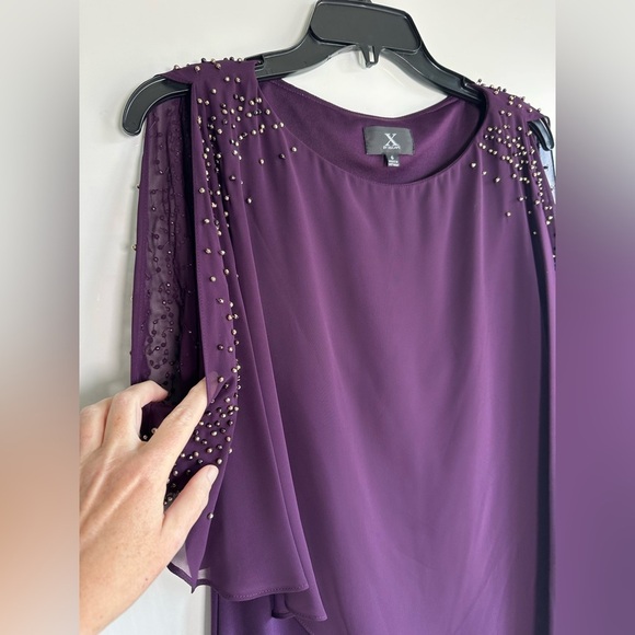 X by Xscape Purple Formal Gown Gold Beading Size 6 Sheer Cape Poncho - Picture 3 of 8
